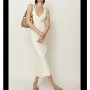 Free People Beach Daniela Ribbed Knit Midi Dress Size M Deep V Neck Beige Tan
